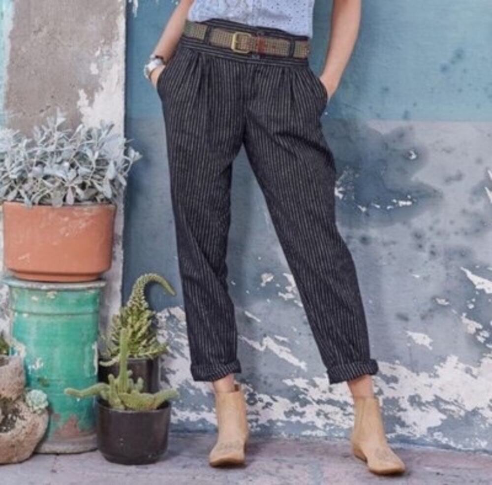 Sundance Amelia Trouser Pant Black White Pinstripe 14P Linen Cotton Petite